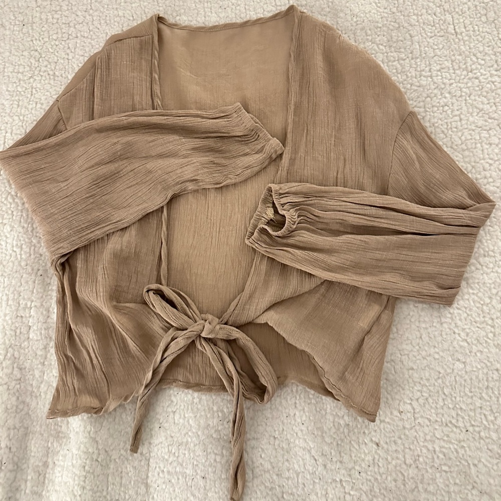 Tan Tie-Front Crop Cover Up —  Small